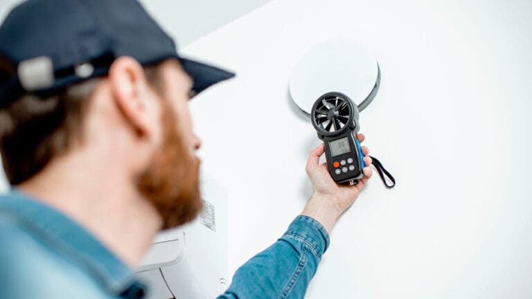 a person is checking indoor air quality with a meter.