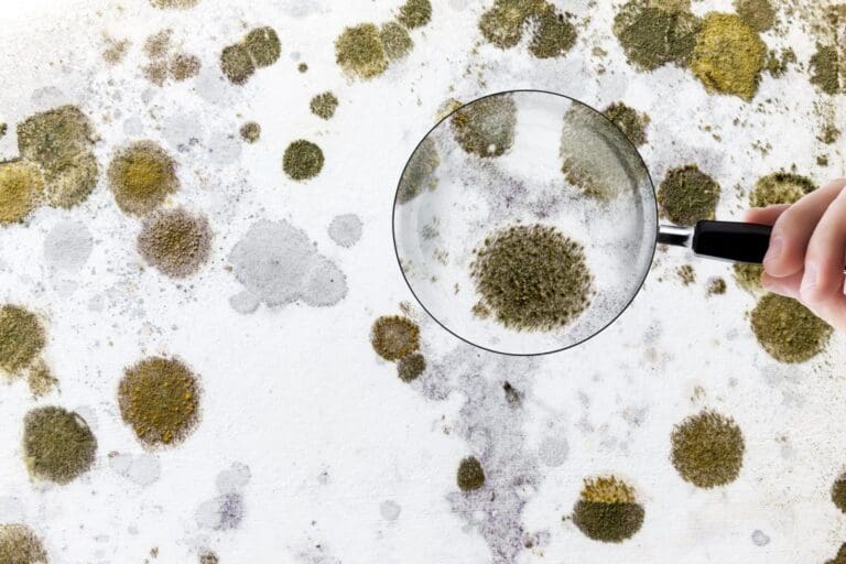 close shot of a magnifying glass detecting mold on a wall.