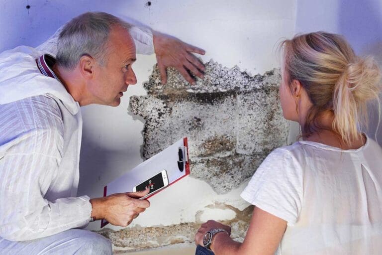 mold inspector and a woman sitting, inspector have a notepad in his hand and second hand on wall with mold, seems like he is discussing mold removal details with the home owner woman.