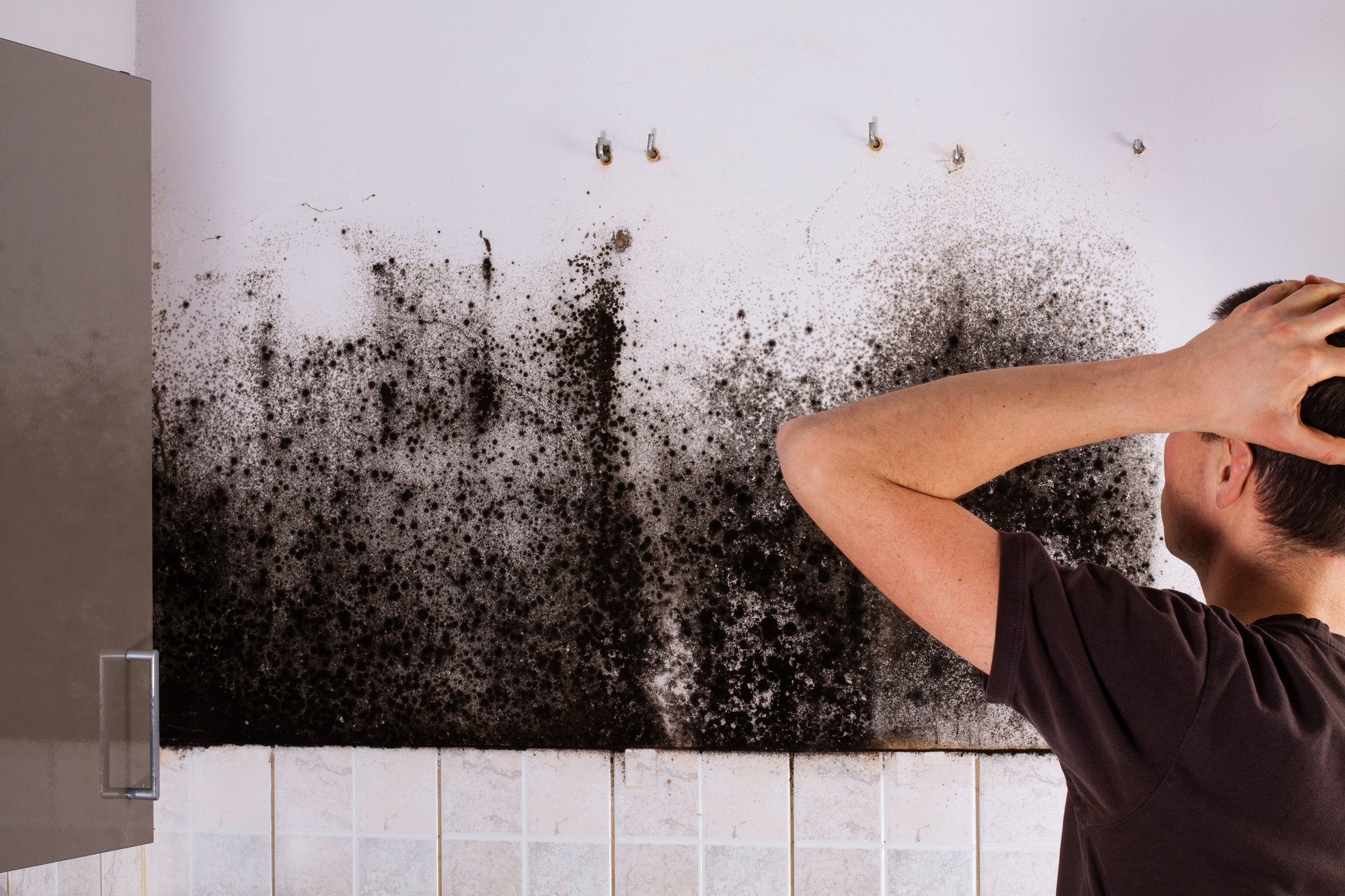 man worried after seeing black mold on wall.