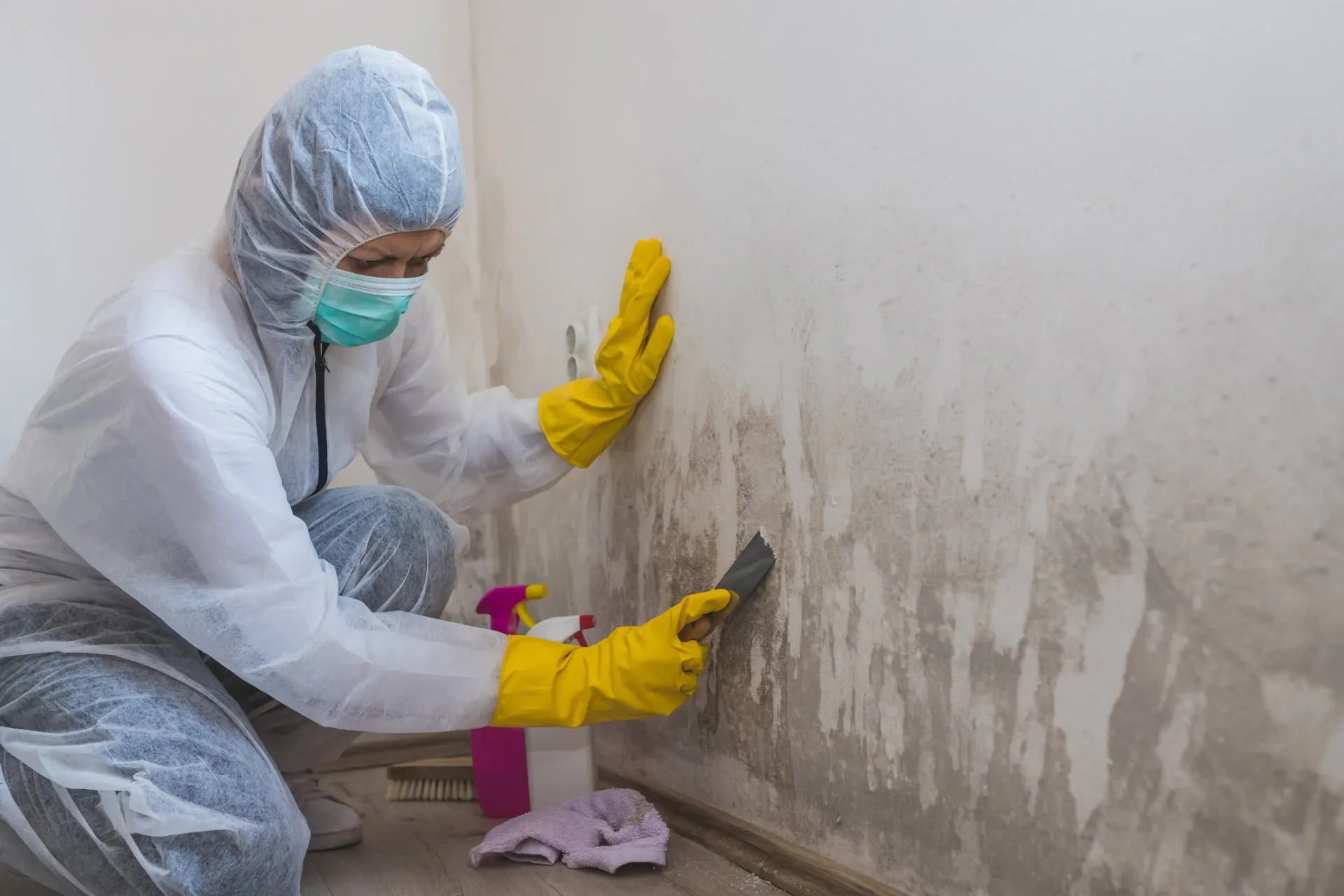 a professional mold removal expert scrubbing mold on wall.