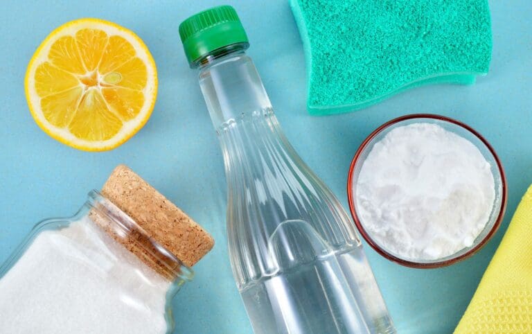 lemon, baking soda, vinegar and more household items in picture that can be used to remove mold.