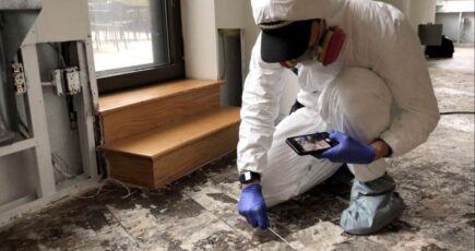 a mold inspector sitting on his knees and collecting mold samples from floor and walls.