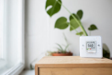 air quality monitor in picture and indoor plants in background.