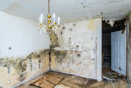 a picture taken of a room that has mold on walls.