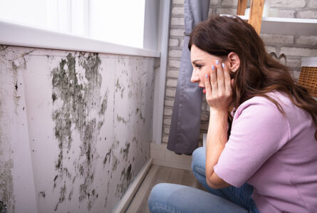 a woman looking worried after seeing mold on wall