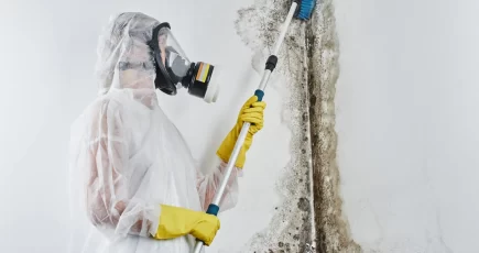 a professional mold removal expert wearing protective gear and cleaning mold on wall with a brush.