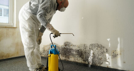 a mold removal expert with full protective gear spraying on mold on a wall.